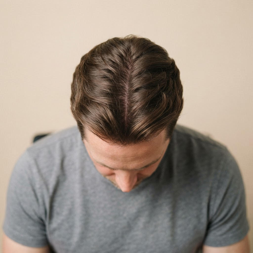 After hair restoration: fuller-appearing hair density at the crown