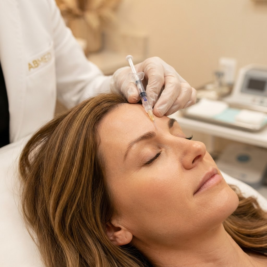 Procedure: close-up of a Botox injection at the glabella